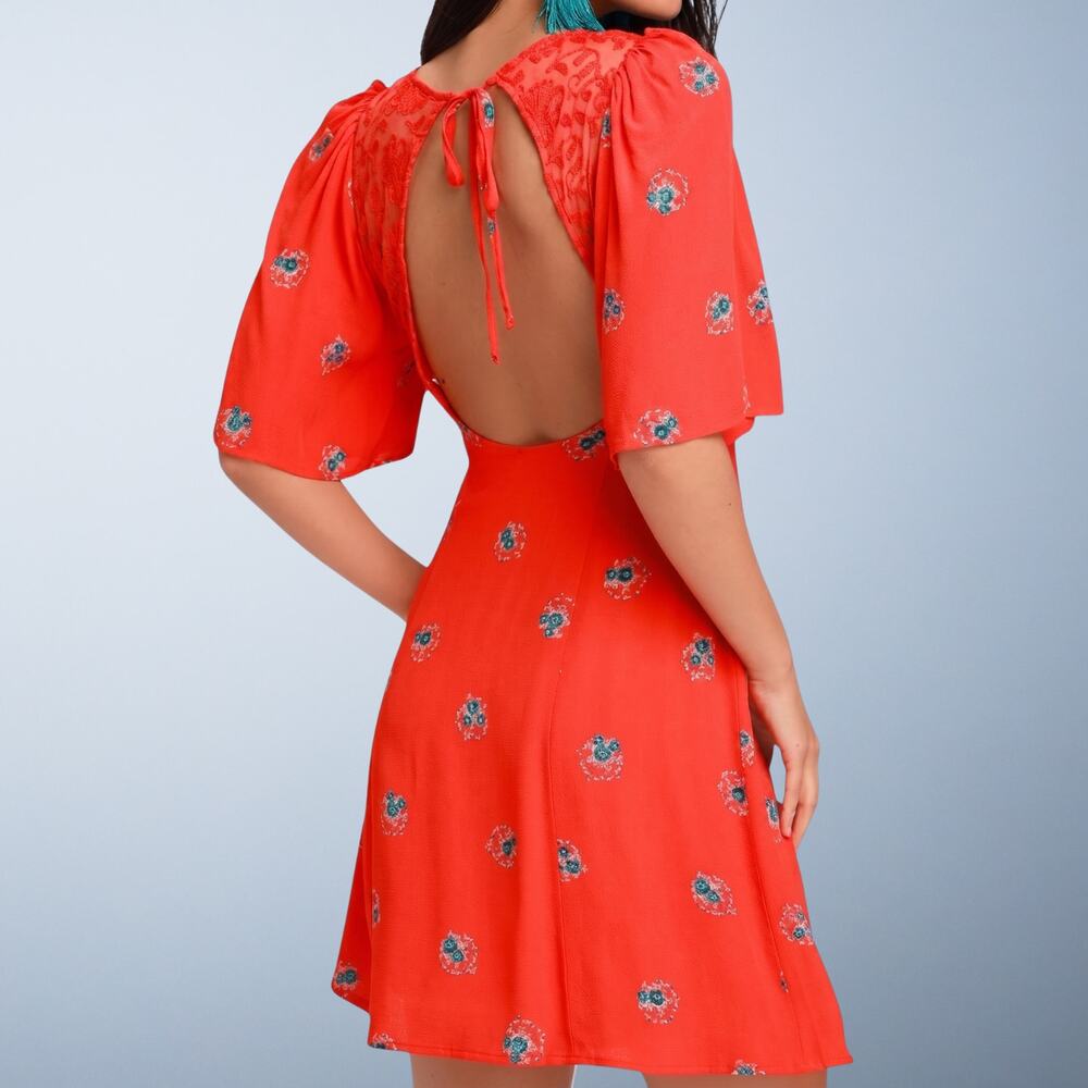 Free People Mockingbird Open Back Floral Boho Mini Dress Red Size 2
